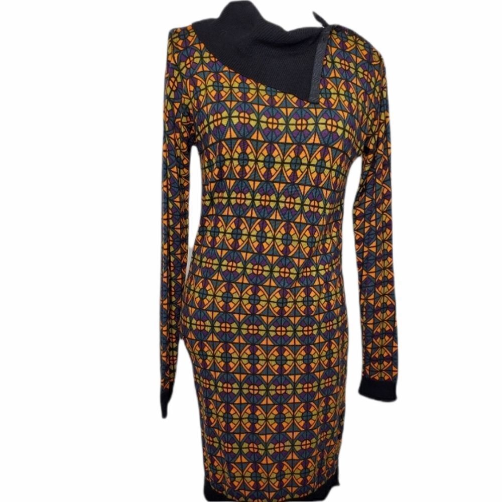 NICOLE MILLER sweater dress long sleeve mock neck geometric S